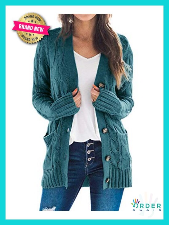 Sweaters - Cable Knit Open Front Cardigan Button Down Long Sleeve Knitwear Sweater Coat